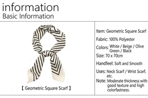 Detailed view of a 70x70cm black and white geometric pattern polyester neck scarf foulard