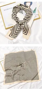Detailed views of a vintage beige and black striped square silk neckerchief scarf