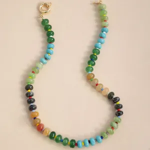 Handmade colorful natural stone and agate beaded choker necklace with gold clasp