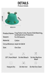 Detail view of cute green frog bucket hat with dimensions and product parameters