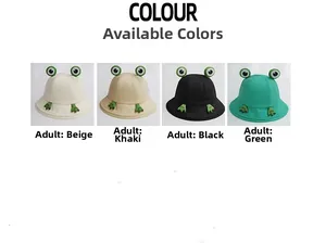 Selection of cute cartoon frog bucket hats available in beige khaki black and green colors