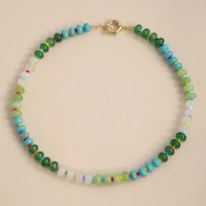 Colorful natural stone agate beaded choker necklace with candy colors and gold clasp