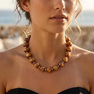 Detailed close-up of a bohemian chunky resin beaded choker necklace for fashion women