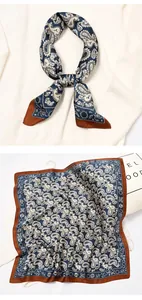 Vintage paisley pattern silk scarf foulard shown knotted on a sweater and flat layout