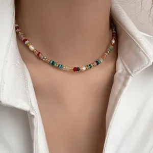 Elegant colorful rainbow natural stone and freshwater pearl beaded choker necklace for women