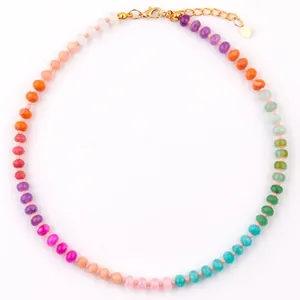 Colorful bohemian rainbow chalcedony bead necklace with gold heart charm extender.