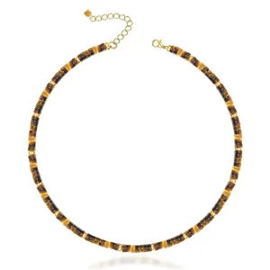Elegant minimalist natural tiger's eye stone spacer bead necklace with gold plated finish