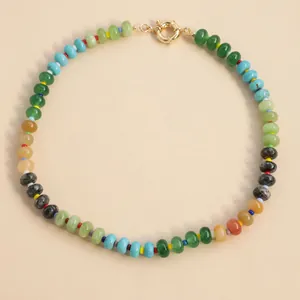 Handmade colorful natural stone beaded choker necklace with a gold-toned spring clasp