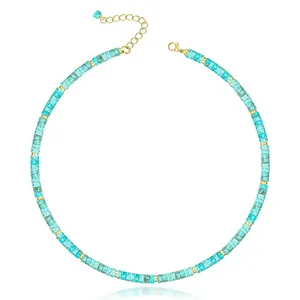 Minimalist turquoise natural stone bead choker necklace with gold spacer beads and extender