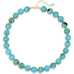 Bohemian chunky resin bead necklace with turquoise marble pattern and gold clasp