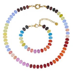 Rainbow chalcedony abacus bead necklace and bracelet set for summer Bohemian beach style