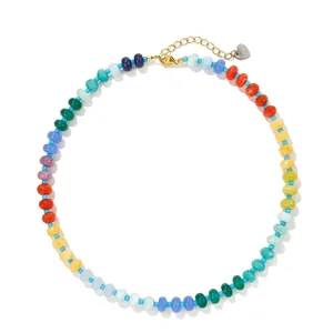 Colorful rainbow chalcedony abacus bead necklace with gold chain and heart charm