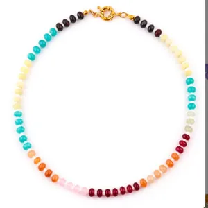 Bohemian multi-colored chalcedony abacus beaded necklace with elegant gold clasp
