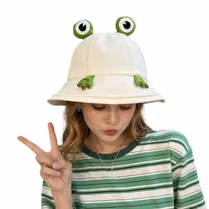 Funny Frog Bucket Hat Stereo Eyes Cute Foldable Polyester Sun Protection Fisherman Hat For Women Outdoor Travel Beach Cap