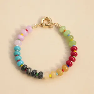 Bohemian handmade colorful natural stone bead bracelet featuring a gold-tone spring clasp