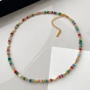 Elegant rainbow natural stone necklace with freshwater pearls and golden bead accents