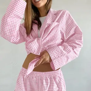 Pink and white gingham long-sleeve shirt and shorts pajama set for women loungewear