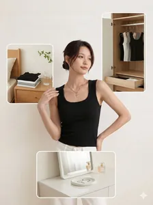 Collage lifestyle che mostra una canotta nera in Tencel Lyocell rinfrescante per donna