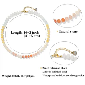 Detail view of rainbow chalcedony bead necklace with stainless steel chain and heart