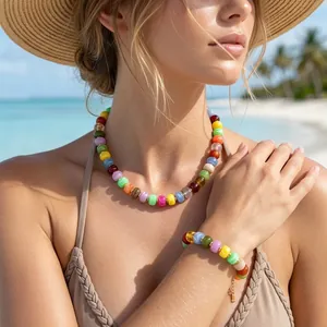 Detailed shot of a colorful resin beaded necklace and bracelet set for summer beach style