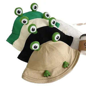 Cute frog-themed bucket sun hats in various colors for outdoor summer sun protection.