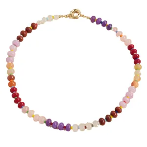 Vibrant candy colored natural stone agate bead choker necklace with gold clasp
