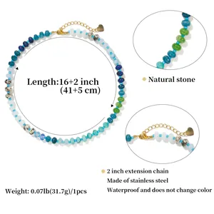 Detailed view of colorful chalcedony bead necklace with stainless steel gold chain