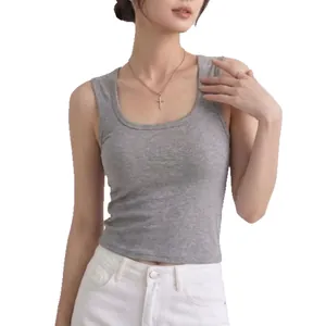 Women's grey Tencel Lyocell cooling ribbed tank top with built-in cups for summer