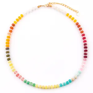 Rainbow chalcedony flat bead necklace with gold-plated adjustable chain