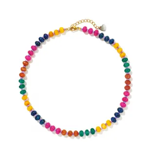 Vibrant rainbow chalcedony disc bead necklace with adjustable gold chain and heart.