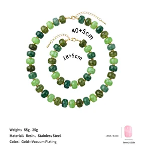 Detail view of summer green resin beaded necklace and bracelet set with size measurements