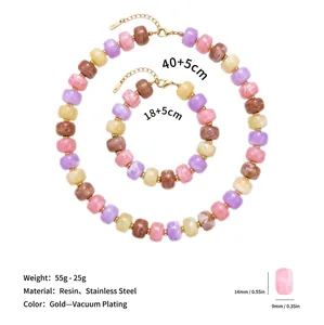 Detailed view of colorful resin beaded necklace and bracelet set with size specifications.