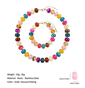 Detailed view of dopamine style resin beaded necklace and bracelet with measurements