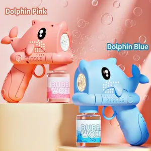 Automatic handheld dolphin bubble gun toy in pink and blue for kids and weddings