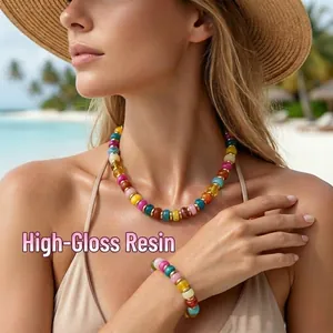 Summer vacation dopamine colorful resin beaded necklace and bracelet jewelry set