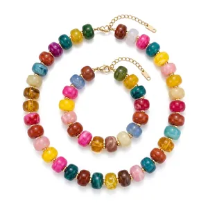 Vibrant dopamine style resin beaded necklace and bracelet jewelry set for women.