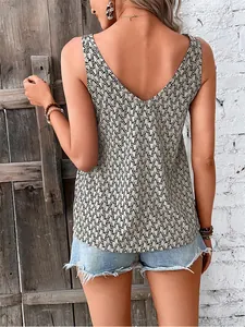 Stylish French style V-neck sleeveless tank top with geometric chain print back view