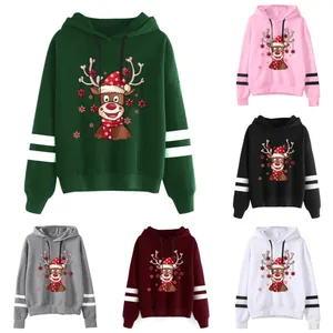 Women Christmas Reindeer 3D Printed Hoodie Casual Long Sleeve Stripe Splicing Pullover Hooded Sweatshirt Festival Party Top