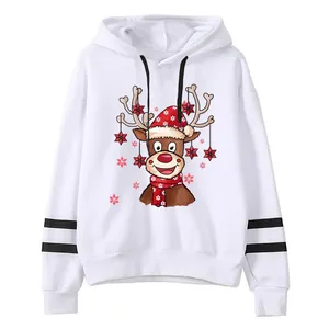 Classic white Christmas hoodie featuring cartoon reindeer print and black striped sleeves