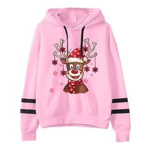 Pink women's Christmas hoodie with a cute cartoon reindeer and snowflake print design