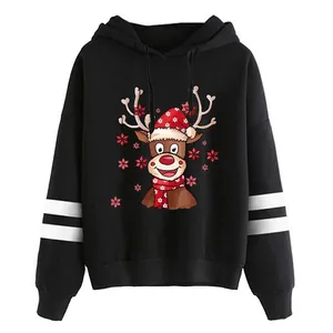 Women's black Christmas hoodie featuring cartoon reindeer print and white striped sleeves