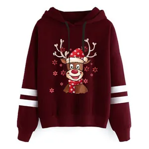 Festive Christmas reindeer print burgundy hoodie for women, casual long sleeve sweatshirt