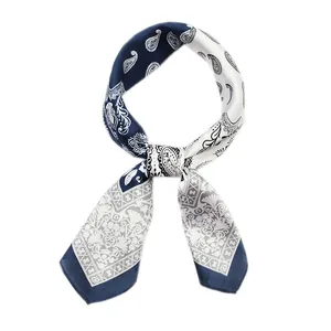 Vintage paisley silk neckerchief in navy blue and white, elegant hair accessory