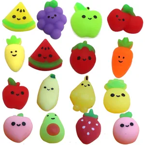 Variety of kawaii fruit squishy toys for stress relief, detail showing different shapes