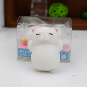 Close-up view of a cute white cat Mochi squishy toy inside its plastic packaging.