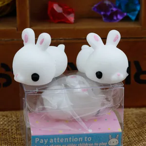 Detail view of cute soft white TPR bunny squishy toys for stress relief and fun