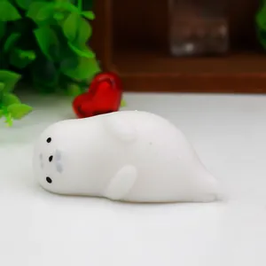 Close-up of a cute white seal squishy toy made of soft TPR material for stress relief.