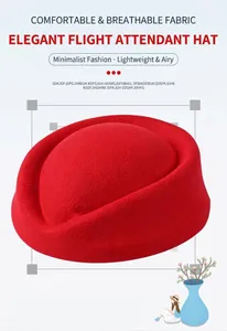 Elegant red wool felt pillbox hat for flight attendants, stage performances, and uniform wear