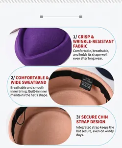 Close-up of wool beret details showing stiff fabric, sweatband, and chin strap