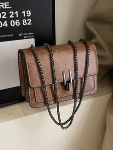 Vintage minimalist brown leather square shoulder bag with dark metal chain strap